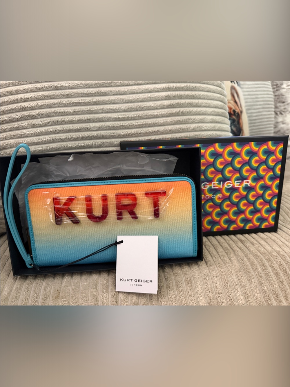 Kurt Geiger Blue to Orange Ombre Wristlet with Red 'KURT' Logo